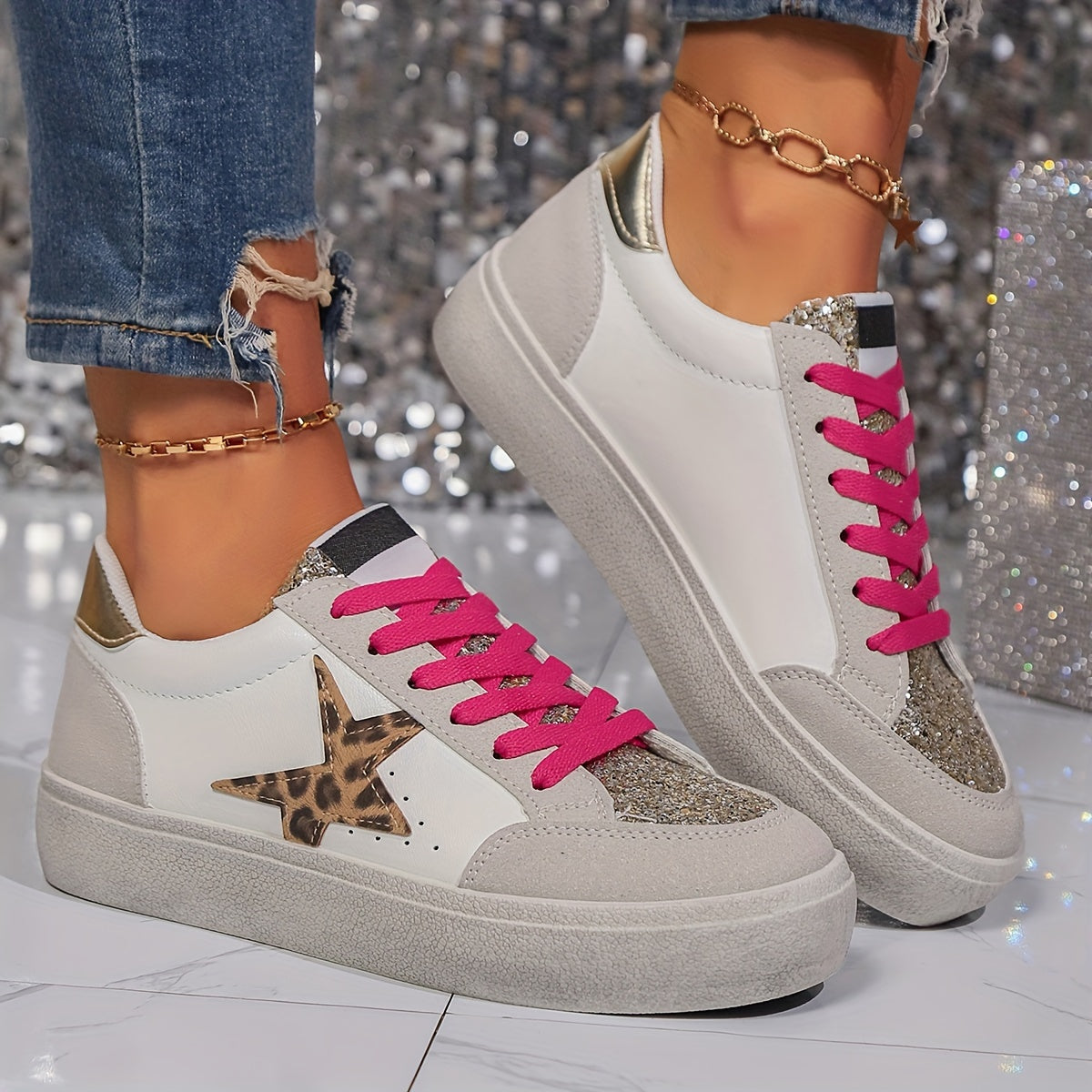 Damen Sneaker mit Glitzerstern – Modische Freizeitschuhe für Alltag & Party