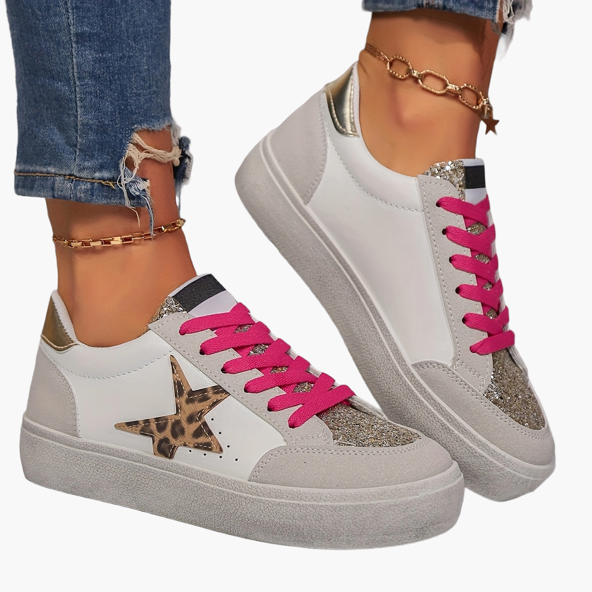 Damen Sneaker mit Glitzerstern – Modische Freizeitschuhe für Alltag & Party