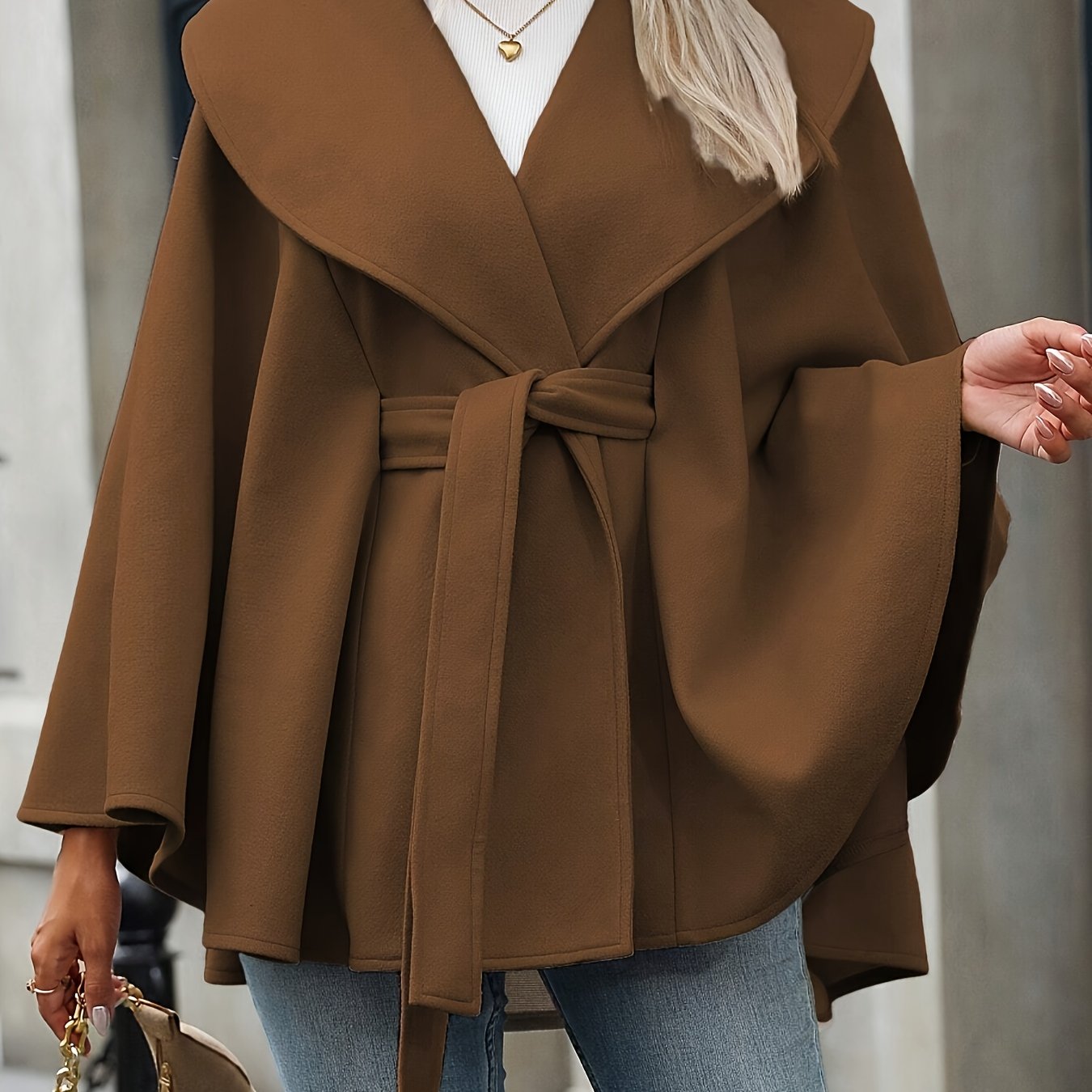 Damen Cape Mantel mit Gürtel und breitem Reverskragen