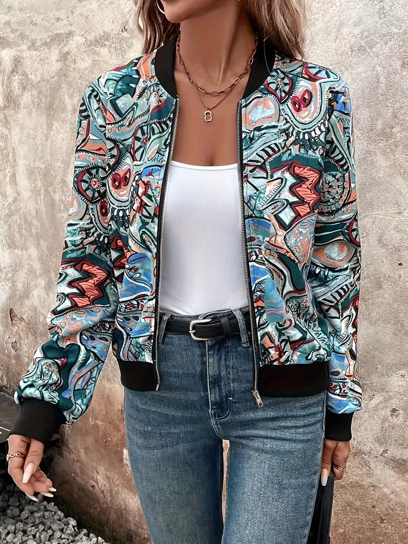 Damen Bomberjacke mit abstraktem Muster – Modischer Freizeit-Look für Alltag und Urlaub