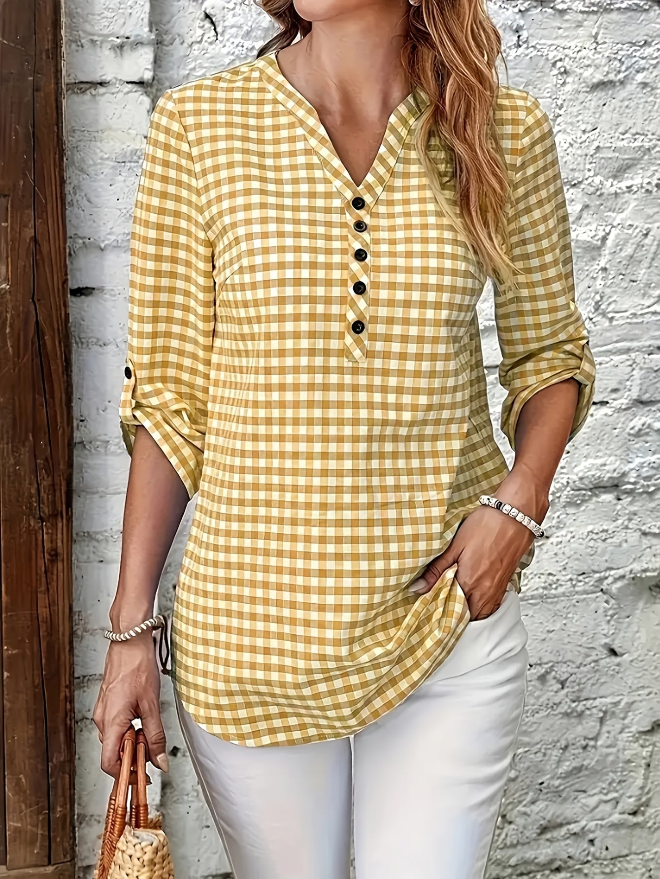 Damen Casual Karo Bluse mit Knopfleiste und 3/4-Ärmeln – Perfekt für Alltag & Büro