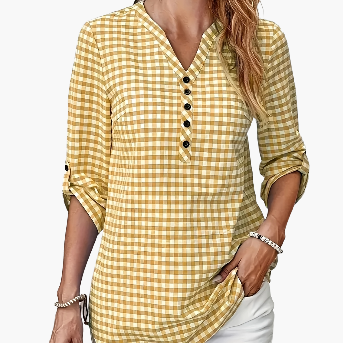 Damen Casual Karo Bluse mit Knopfleiste und 3/4-Ärmeln – Perfekt für Alltag & Büro