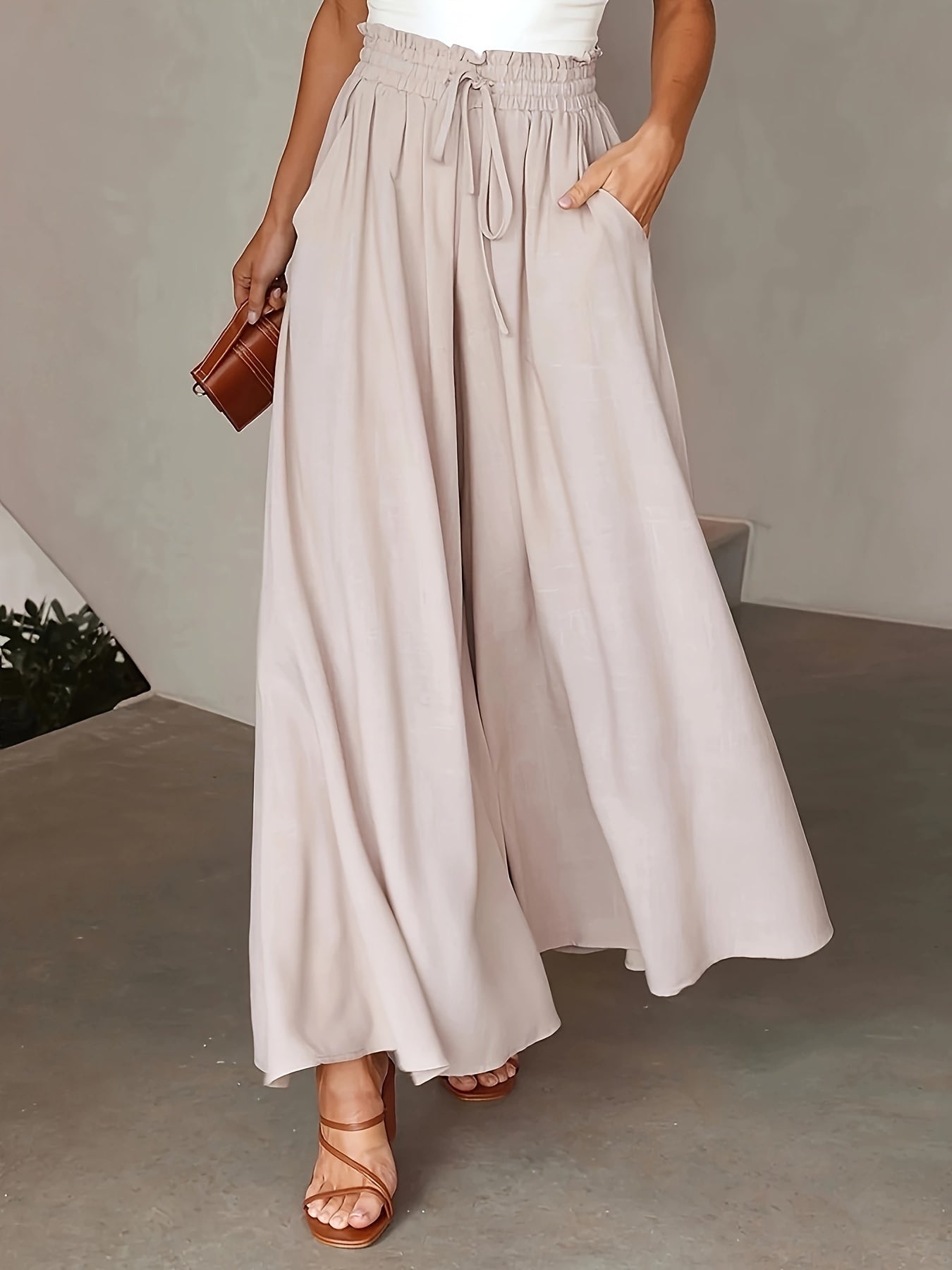 Damen Elegante Weite High-Waist Palazzo Hose mit Kordelzug und Taschen – Perfekt für Freizeit und Büro