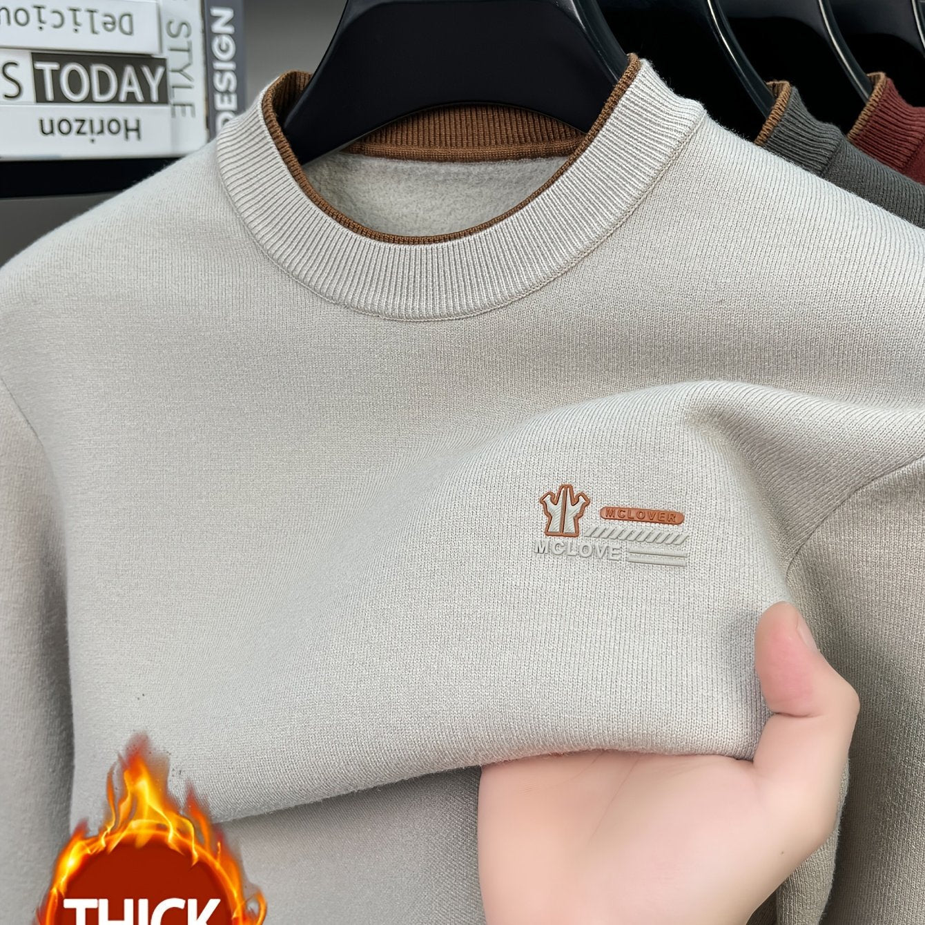 Herren Pullover Rundhals Langarm Strickpullover Warmgefüttert mit Rippbündchen