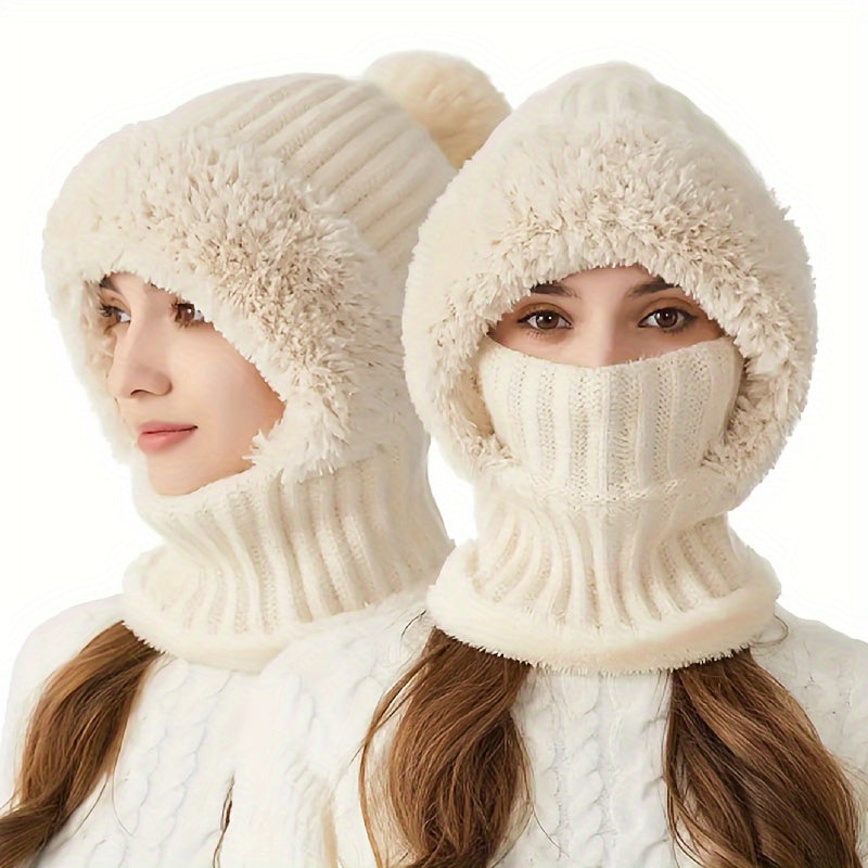 Winter Beanie mit Fleece-Futter und Halswärmer – Gestrickte Mütze mit abnehmbarer Gesichtsmaske, Pompon und Pelzbesatz