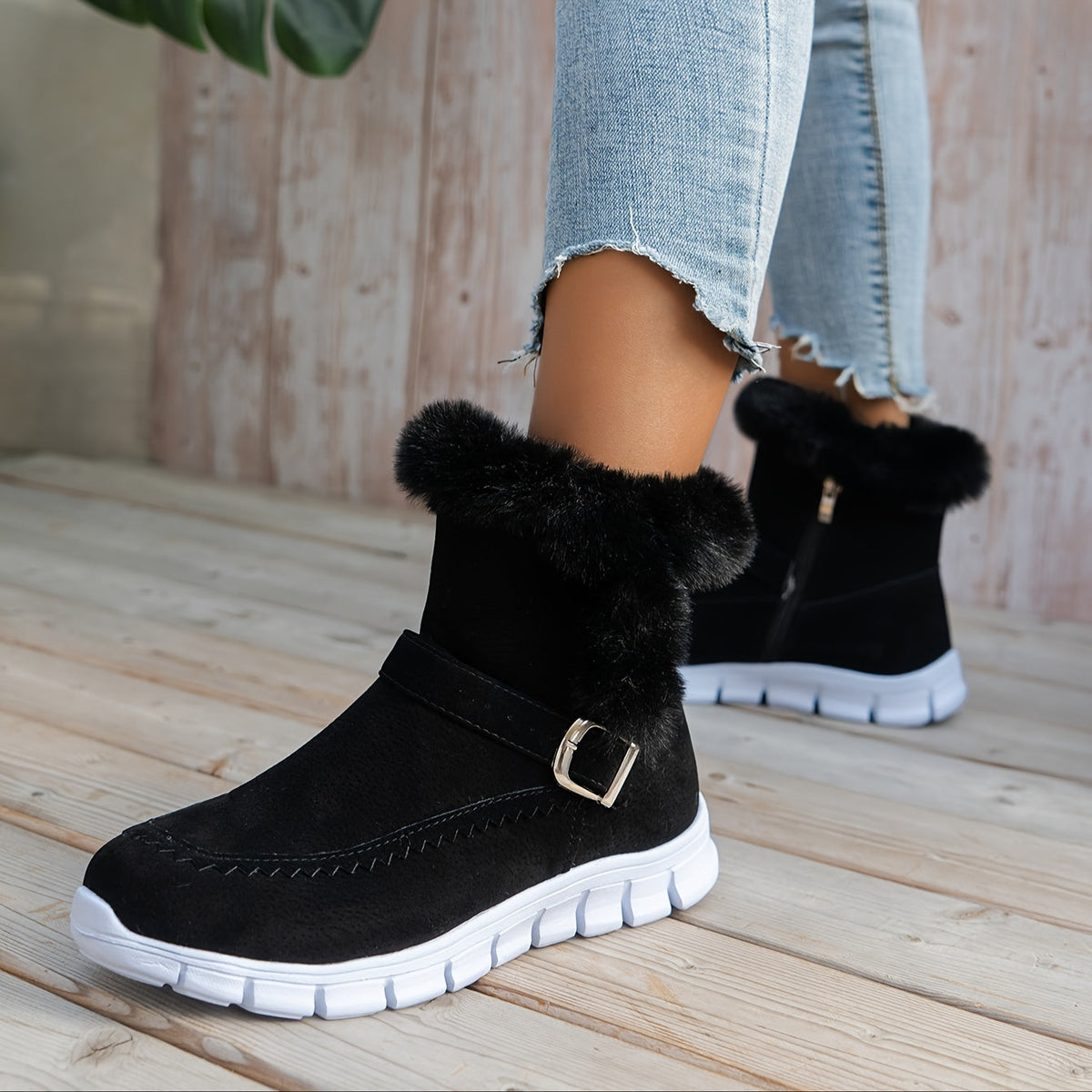 Damen Winterstiefeletten mit Futter, Schnalle und Kunstpelzbesatz