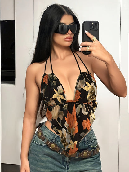 Damen Body mit Blumenmuster und tiefem Ausschnitt – Modischer Einteiler für trendige Freizeit-Looks