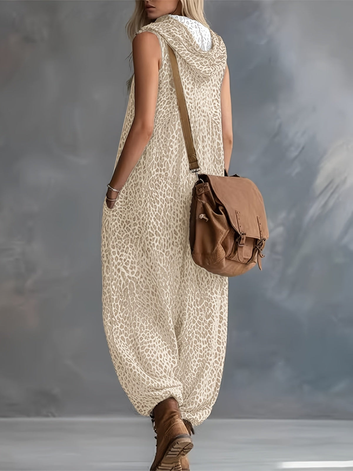 Damen Jumpsuit ärmellos mit Leopardenmuster Kapuze Reißverschluss und Taschen