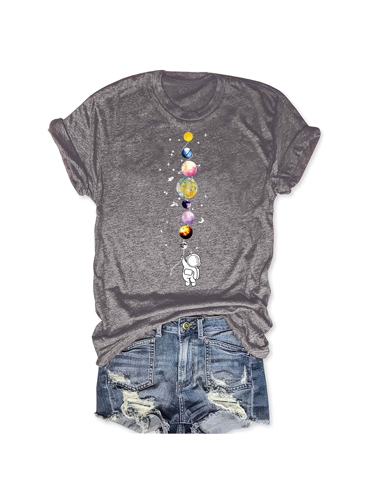 Damen T-Shirt mit Astronaut und Planeten Grafik – Stilvolles Freizeitshirt für Weltraumfans