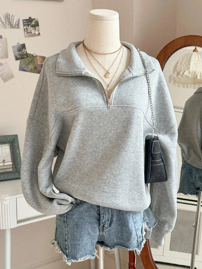 Damen Sweatshirt Grau mit Reißverschlusskragen Lange Ärmel Lässiger Pullover