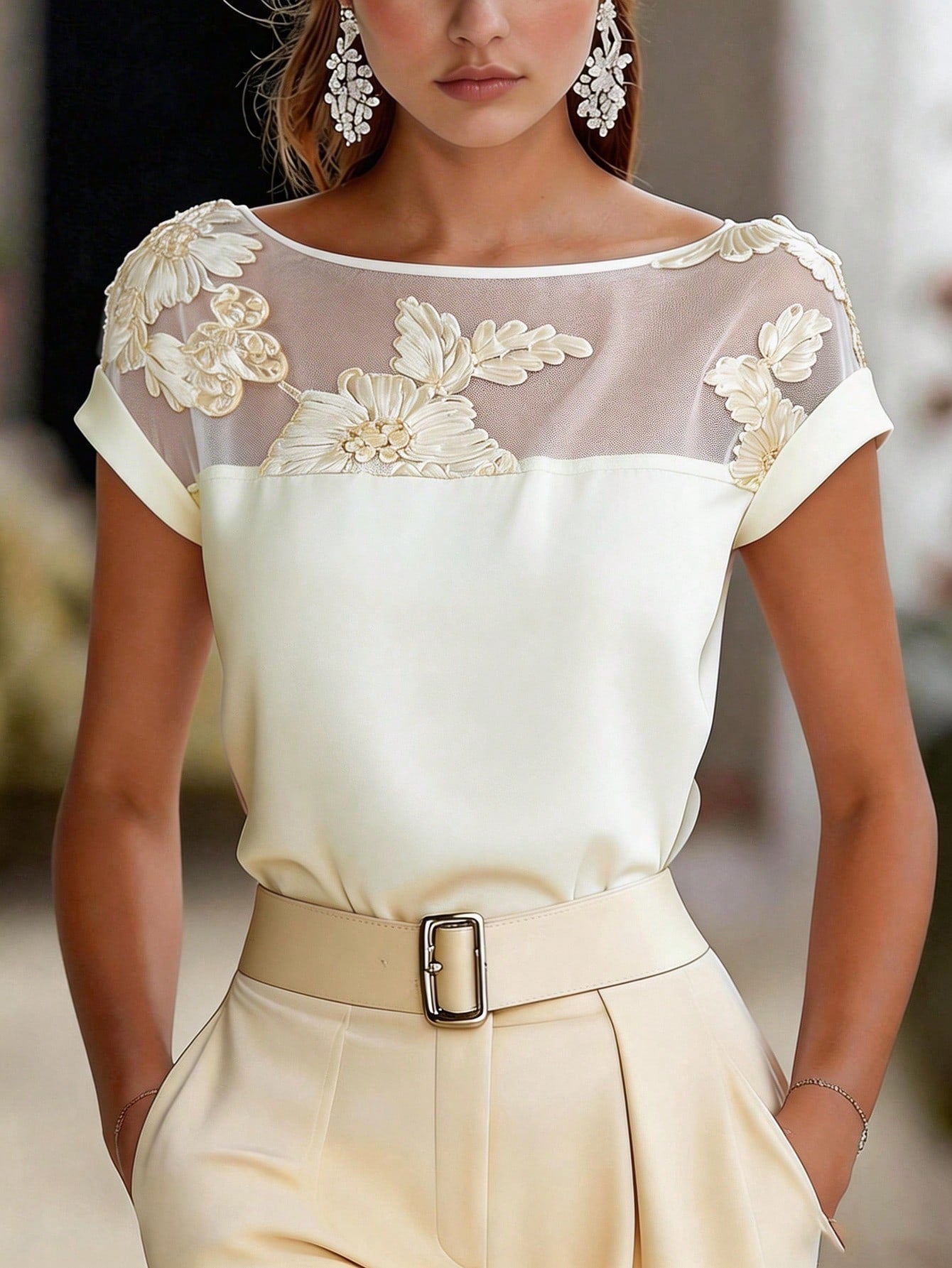 Damen Elegante Bluse mit Floraler Stickerei und Illusion-Ausschnitt – Stilvolle Fest- und Büro-Mode