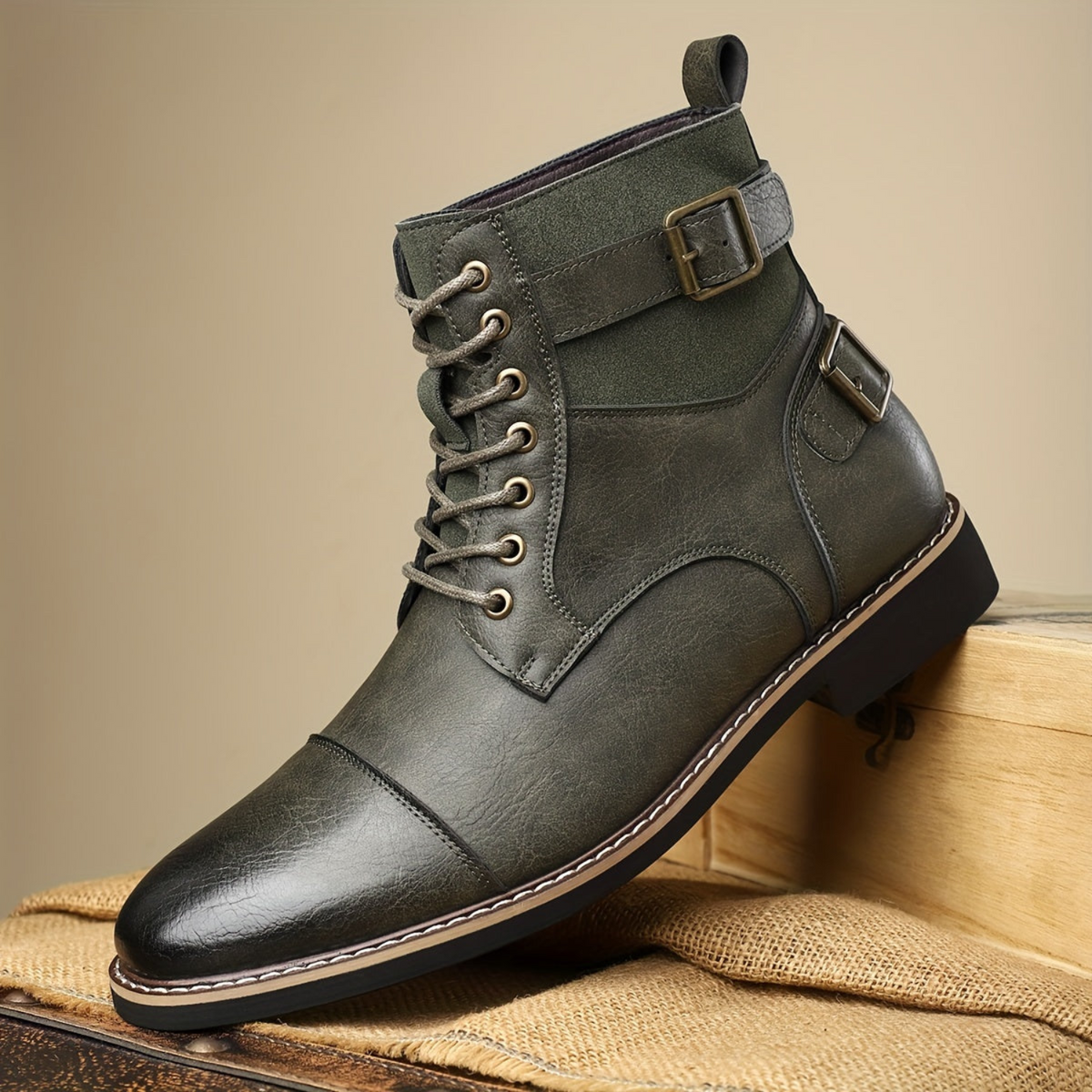 Herren Schnürstiefeletten mit Schnallen und Ziernähten