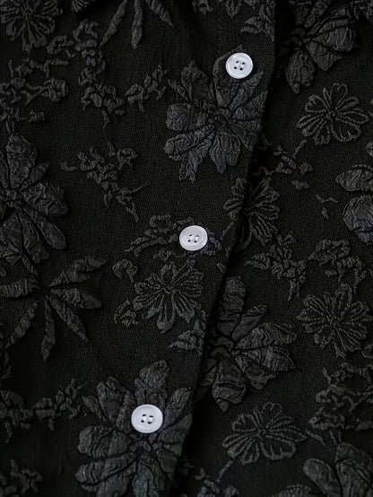 Damen Crop Bluse Schwarz Langarm Blumenmuster Strukturiert