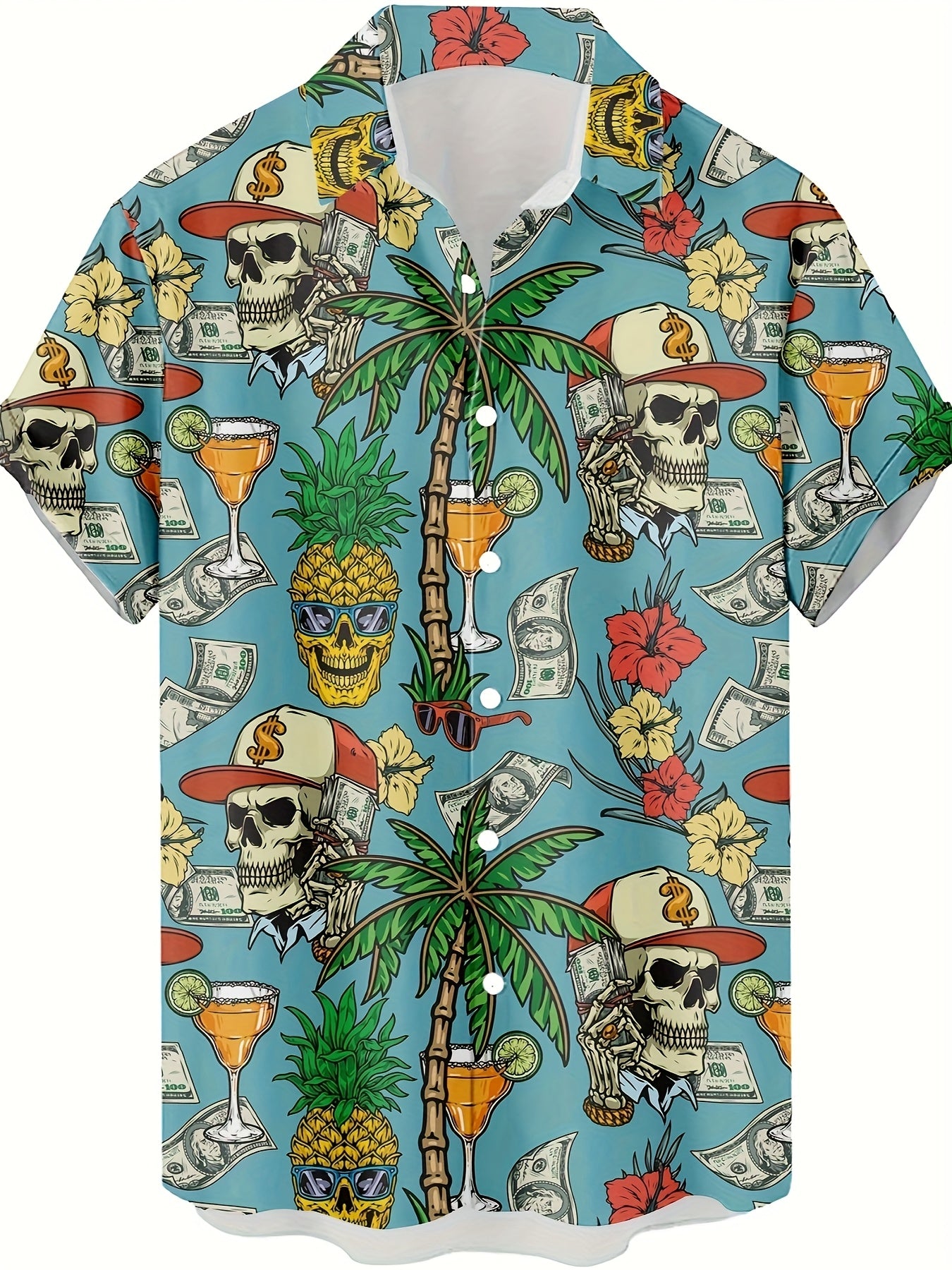 Herren Hawaii Hemd mit Totenkopf, Palmen und Cocktail Print – Extravaganter Freizeitstil für Urlaub & Strand