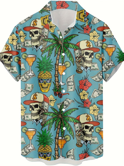Herren Hawaii Hemd mit Totenkopf, Palmen und Cocktail Print – Extravaganter Freizeitstil für Urlaub & Strand