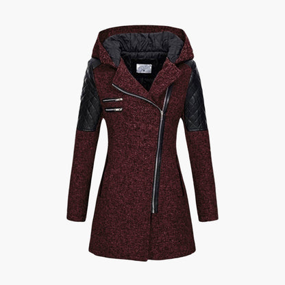 Damen Tweed Mantel mit Kapuze und Kunstleder-Details – Moderner Wintermantel für elegante Outfits