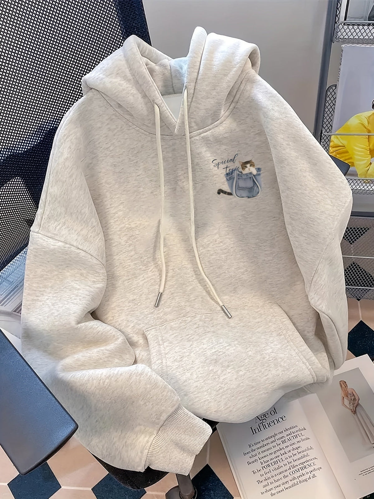 Kapuzenpullover Damen Hellgrau mit Katze in Tasche Print Lockerer Hoodie