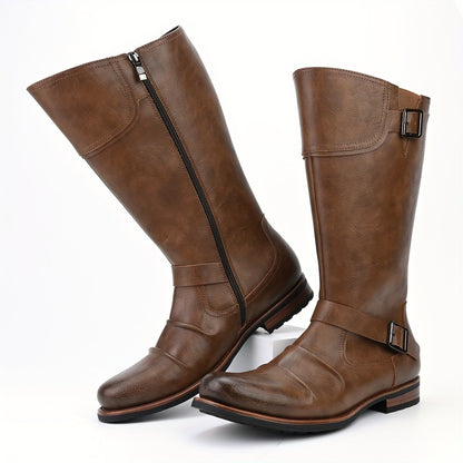 Herren Stiefel mit Schnallen und Riemen - Kniehoch - Schwarz/Braun