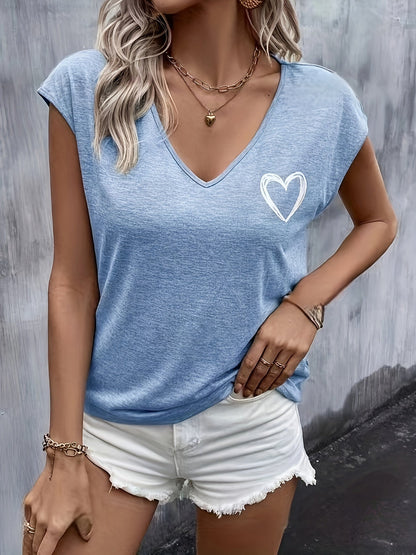 Damen T-Shirt mit Herz-Print und V-Ausschnitt – Lässige Sommermode, ideal für Alltag und Freizeit