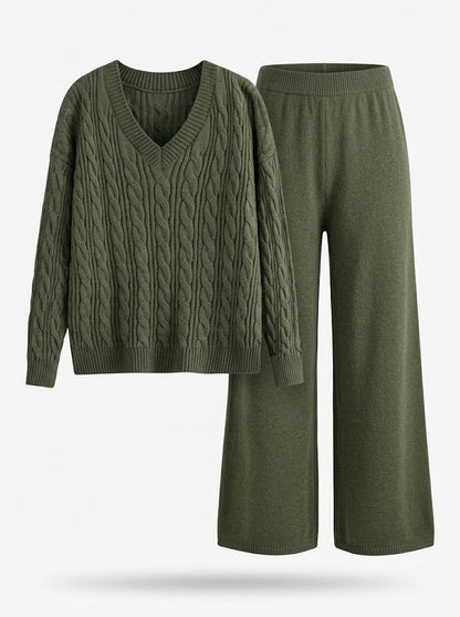 Strick-Set Damen mit Zopfmuster Pullover & weiten Hosen, V-Ausschnitt Strickpullover & weite Hose