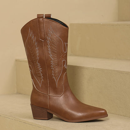 Cowboystiefel Damen mit Stickerei, mittelhoher Schaft, Blockabsatz