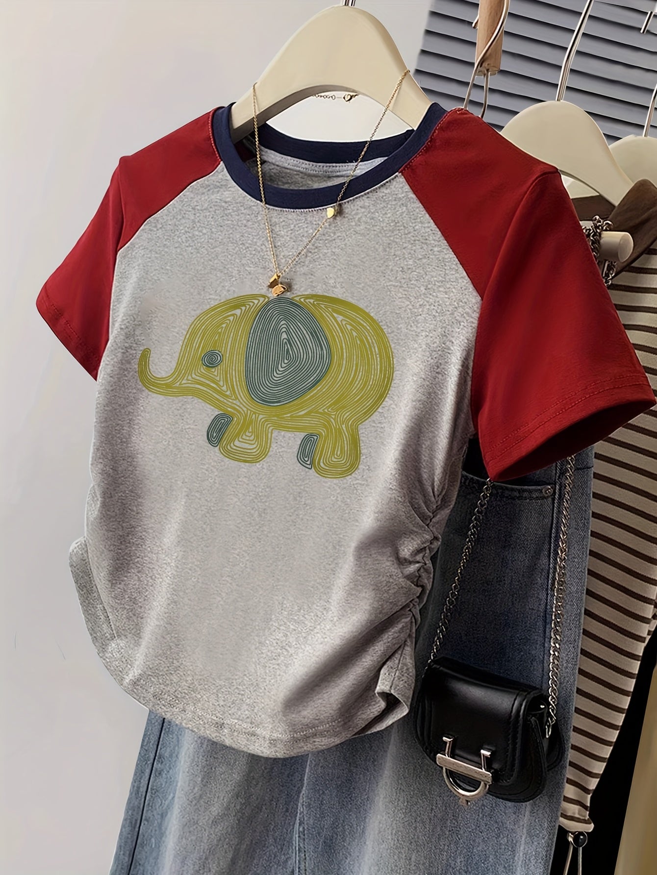 Damen T-Shirt mit Elefanten-Print, Y2K Stil, Freizeitmode