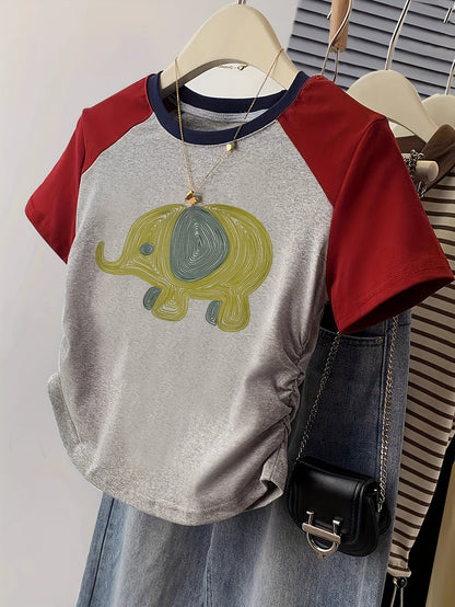 Damen T-Shirt mit Elefanten-Print, Y2K Stil, Freizeitmode