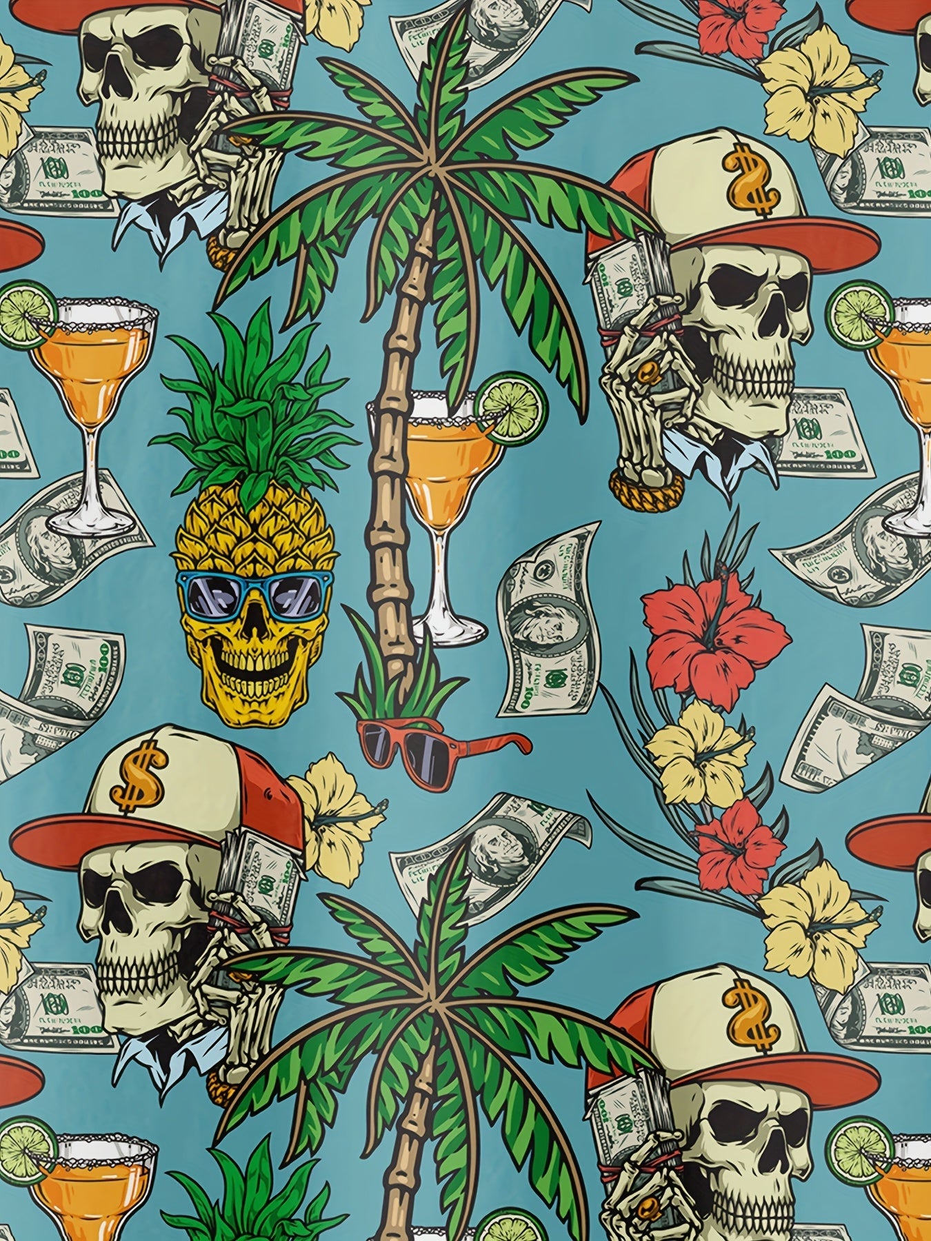 Herren Hawaii Hemd mit Totenkopf, Palmen und Cocktail Print – Extravaganter Freizeitstil für Urlaub & Strand
