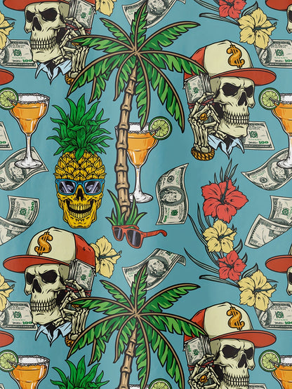 Herren Hawaii Hemd mit Totenkopf, Palmen und Cocktail Print – Extravaganter Freizeitstil für Urlaub & Strand
