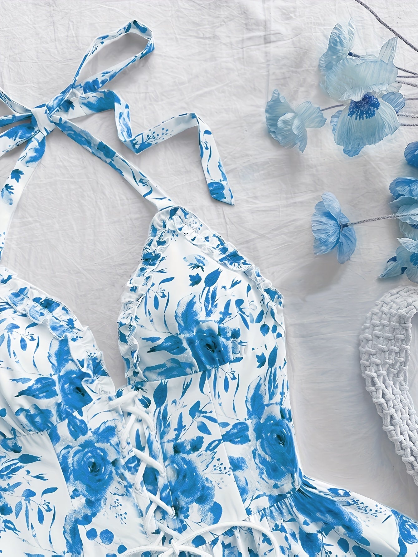 Damen Volant-Minikleid mit Rosenmuster und Schnürung – Sommer, Elegant, Festlich