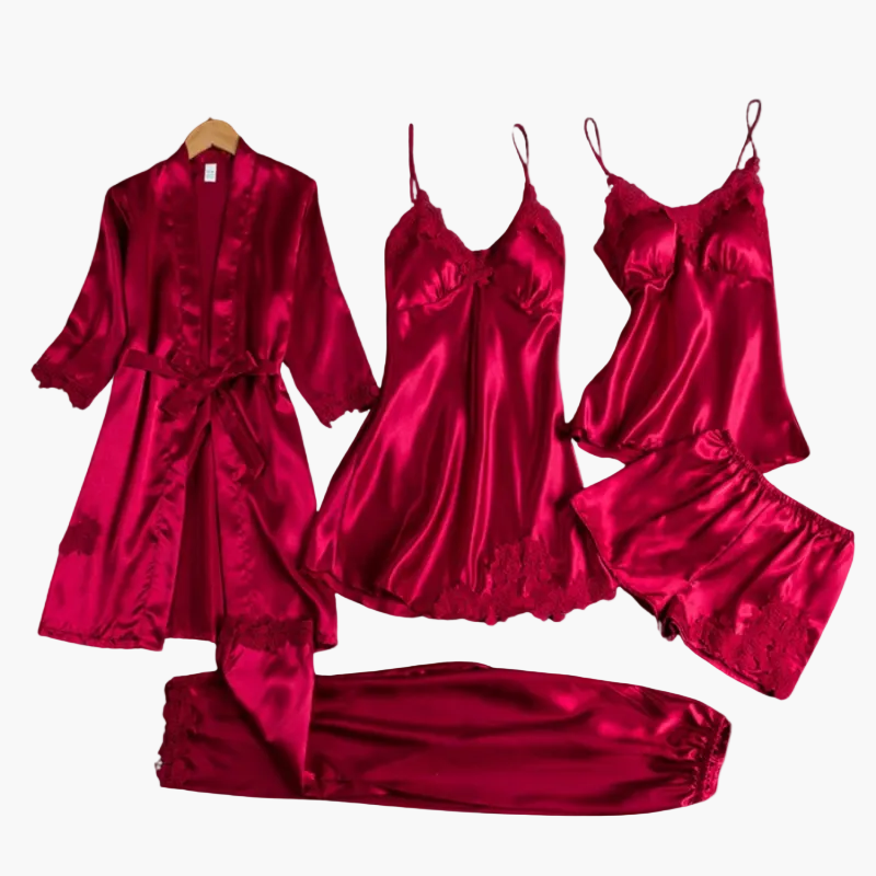 Damen Luxus Nachtwäsche Set 5-teilig – Elegantes Satin Pyjama & Loungewear Ensemble für stilvolle Nächte