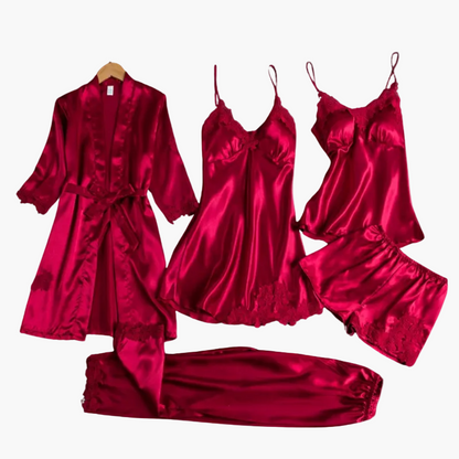 Damen Luxus Nachtwäsche Set 5-teilig – Elegantes Satin Pyjama & Loungewear Ensemble für stilvolle Nächte
