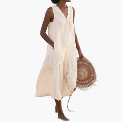 Damen Sommer Strandkleid ärmellos V-Ausschnitt Knopfleiste Freizeitkleid