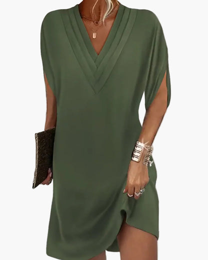 Damen Kleid Elegant V-Ausschnitt Kurzarm Sommer Freizeitkleid mit Schlitz