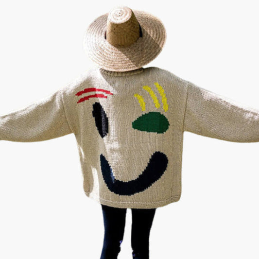 Damen Strickpullover mit abstraktem Gesicht, gemütlicher Freizeit-Stil – Perfekt für entspannte Tage