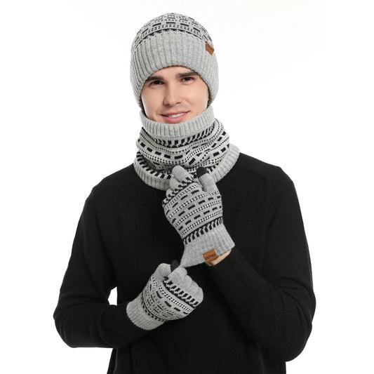 Unisex Wintermütze Schal Handschuhe Set, Gestricktes Beanie mit Nackenwärmer & Touchscreen-Handschuhen