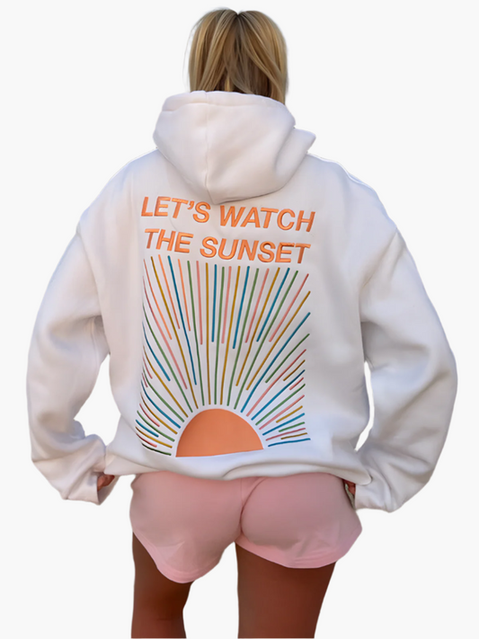 Damen Oversize Hoodie mit Sunset-Print und Statement "Let’s Watch the Sunset" – Lässiger Kapuzenpullover für Freizeit & Urlaub