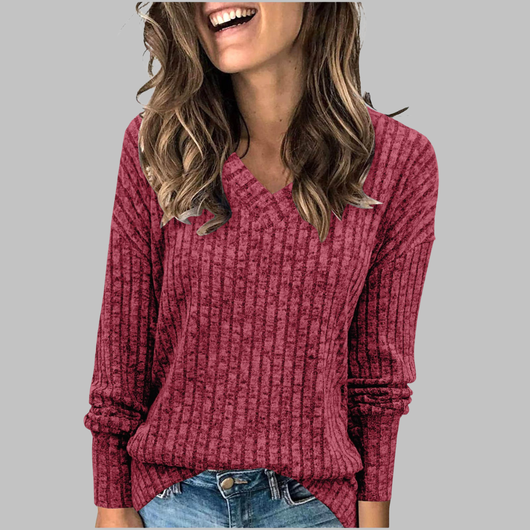 Damen Gerippter Pullover mit V-Ausschnitt, Langarm