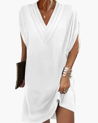 Damen Kleid Elegant mit V-Ausschnitt und Schlitzärmeln – Lockeres Sommerkleid für Alltag und Anlass
