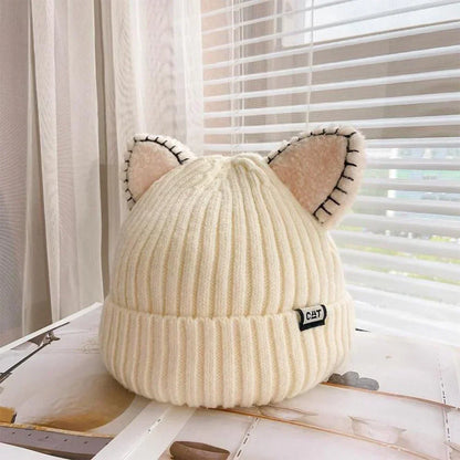 Gerippte Beanie Mütze mit Katzenohren und Umschlag, verschiedene Farben