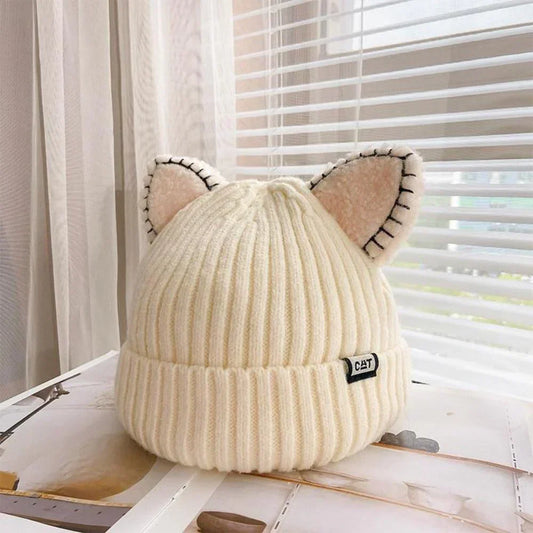 Gerippte Beanie Mütze mit Katzenohren und Umschlag, verschiedene Farben