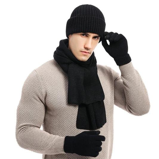 Geripptes Strickmützen-Set für Herren mit Schal und Handschuhen