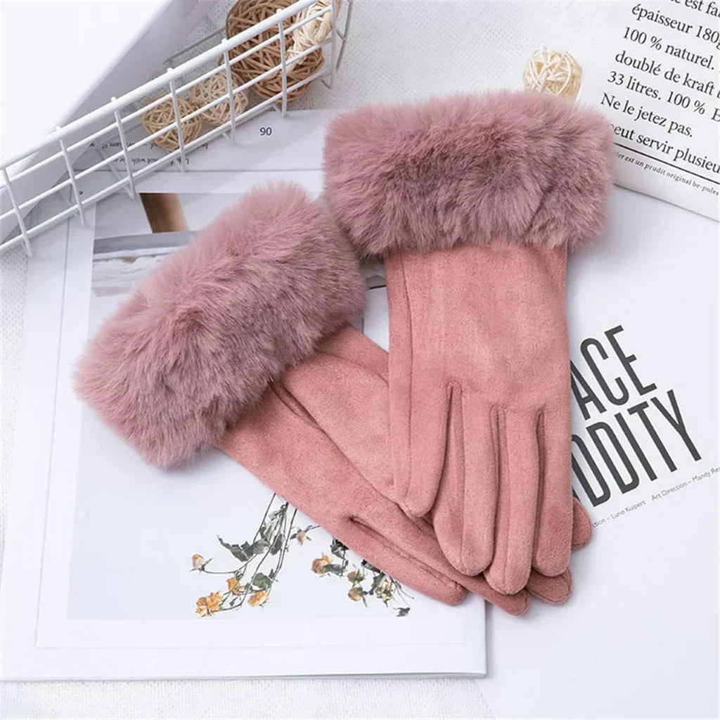 Damen Handschuhe mit Kunstfellbesatz, weich gefüttert, Rosa