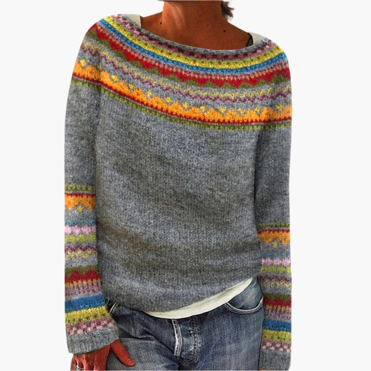Damen Retro-Strickpullover im Vintage-Stil – Bequemer Herbstpullover mit buntem Muster
