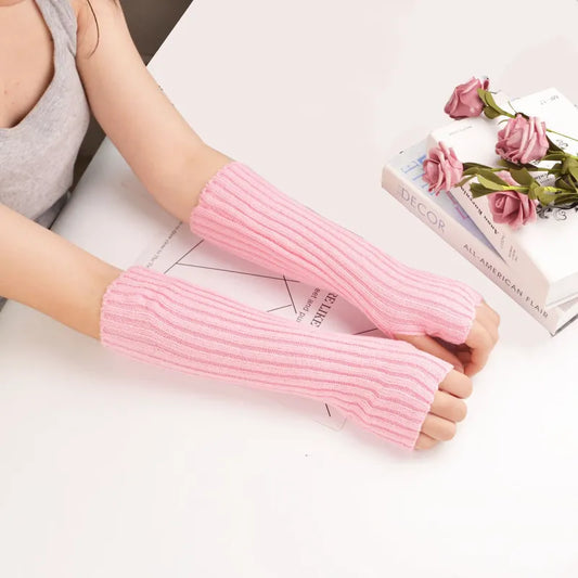 Rippstrick Armstulpen Fingerlose Handschuhe für Damen Rosa