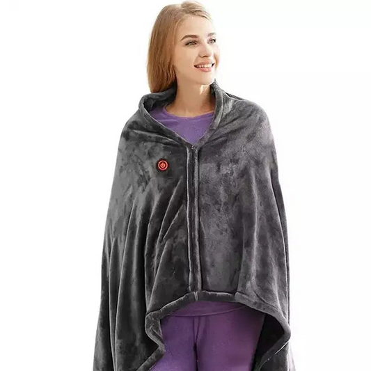 Grauer tragbarer Heiz-Poncho Decke mit Reißverschluss und Kapuze für Damen