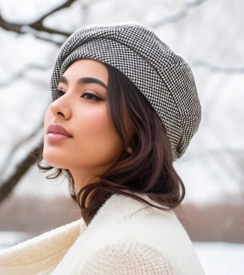 Damen Beret Mütze mit Karomuster