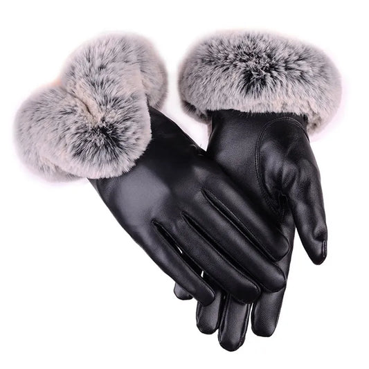 Damen Handschuhe mit Kunstpelzbesatz