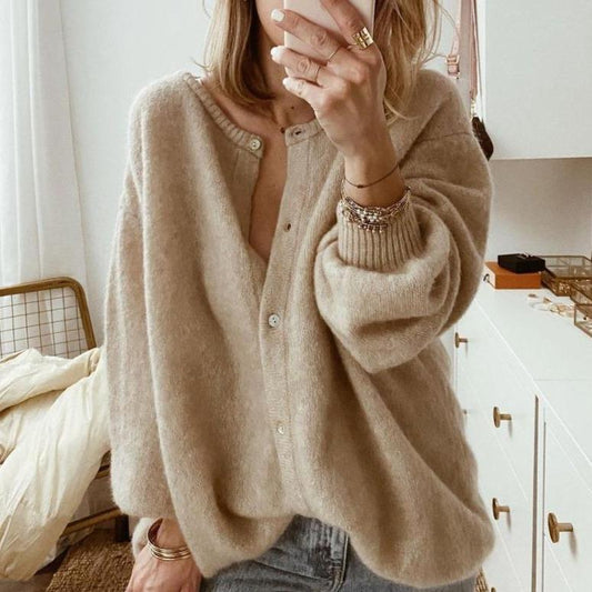 Beige Damen Cardigan Strickjacke mit Knöpfen und weitem Schnitt