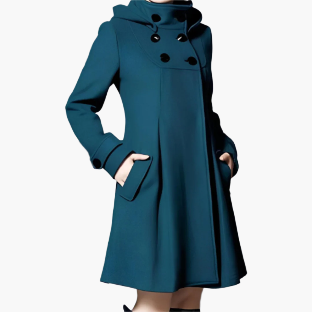 Damen Eleganter Wintermantel mit Kapuze & Knopfleiste – Stilvoller A-Linien-Mantel für Alltag & Freizeit